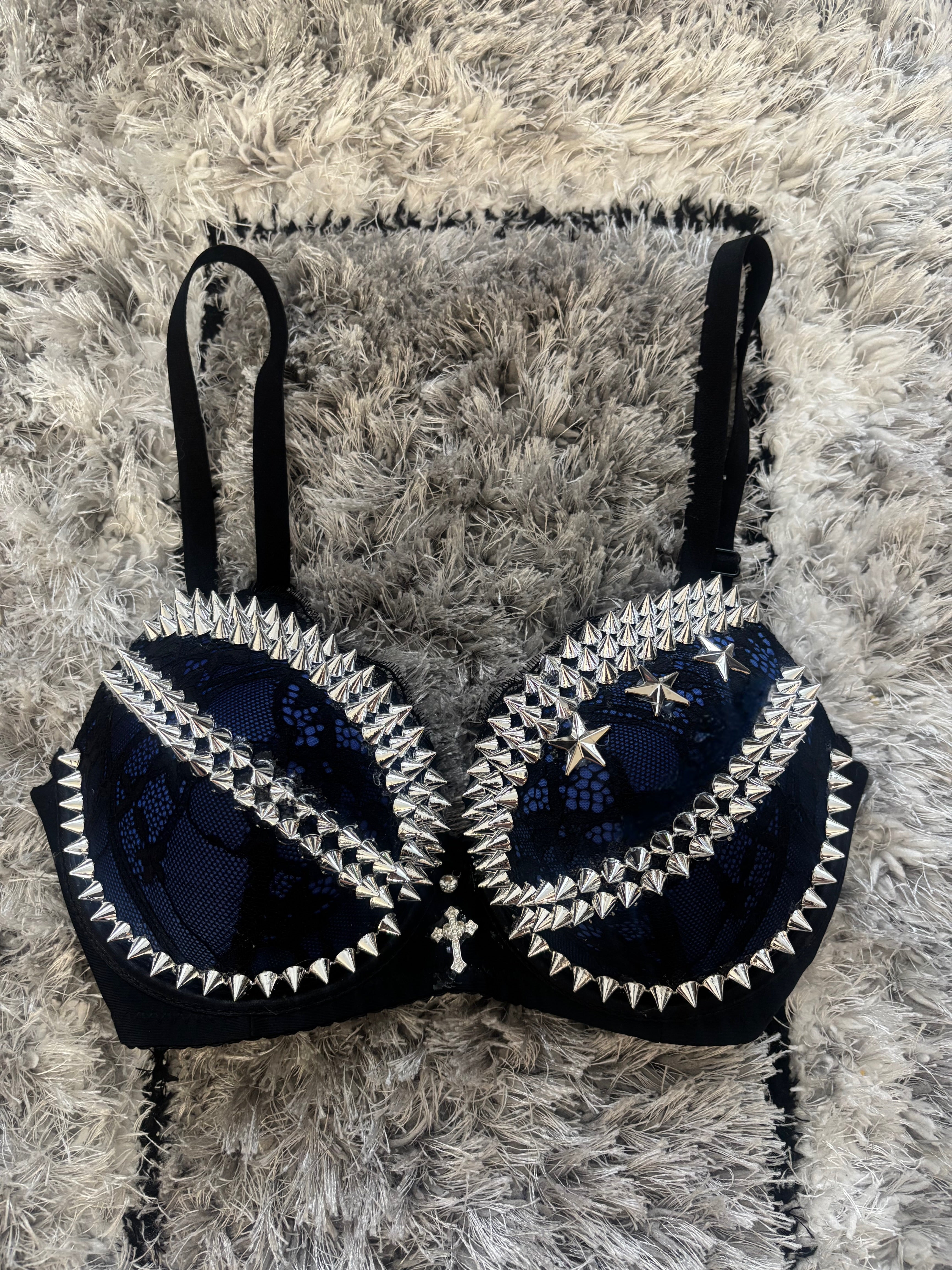 Dark blue Y2K crossover (with cross) Spiked push up bra
