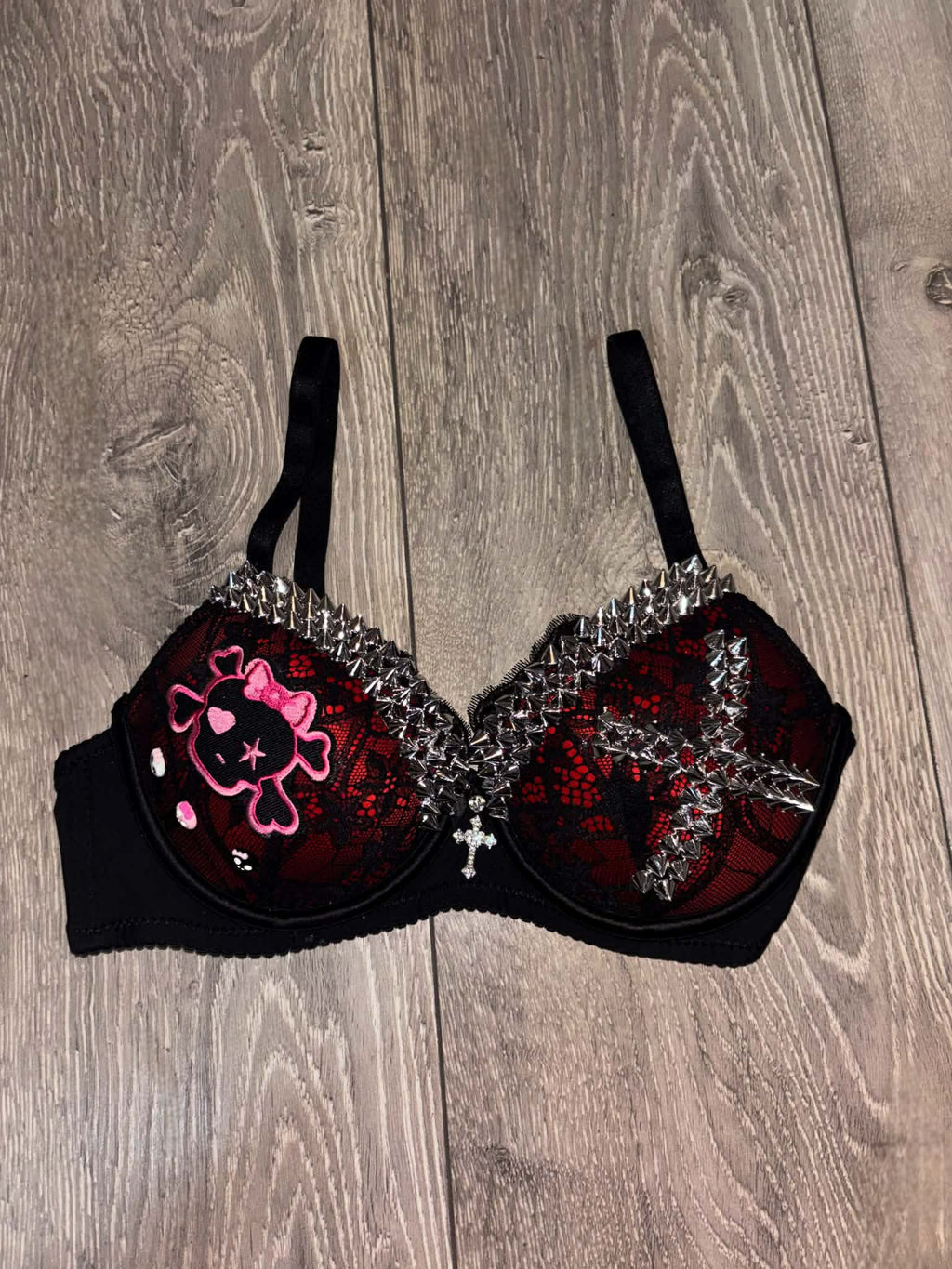 Red Skull Crush Spiked (with cross) push up bra