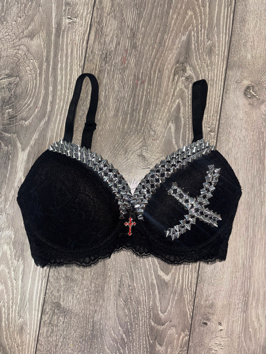 Black Single X Spiked (with cross) push up bra