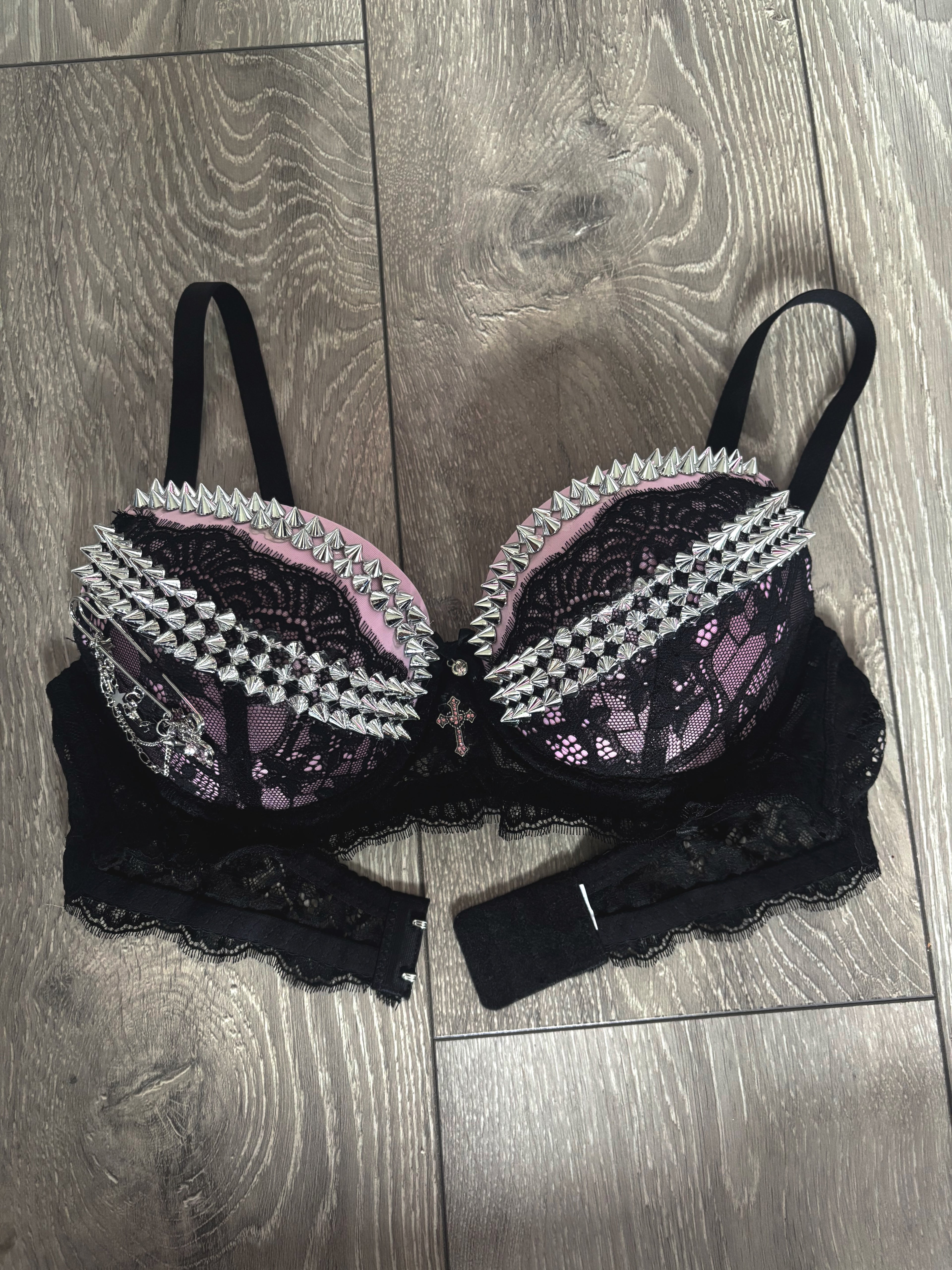 Pink Sacred Heart Spiked Y2K adjustable pin (with cross) push up bra