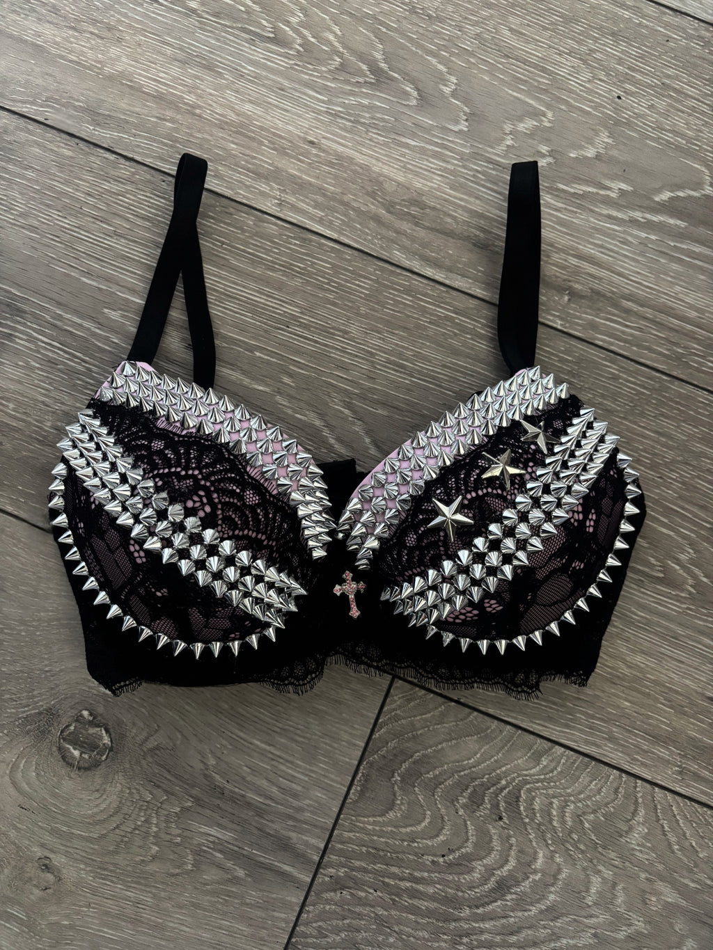 Pink Y2K Crossover (with cross) Spiked push up bra
