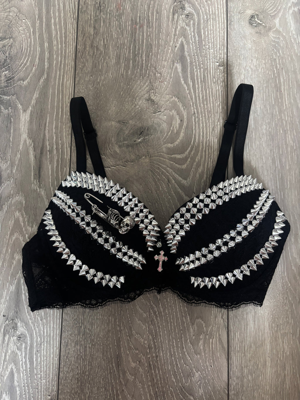 Black Skull Adjustable Pin Spiked push up bra (with cross)