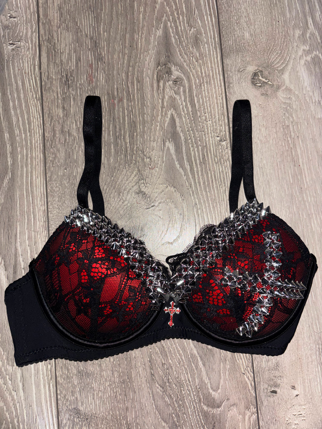 Red Single X Spiked (with cross) push up bra
