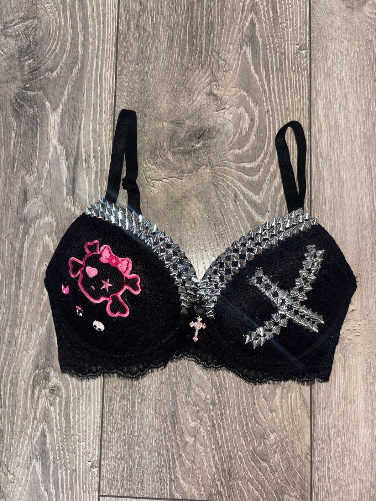 Black Skull Crush Spiked (with cross) push up bra