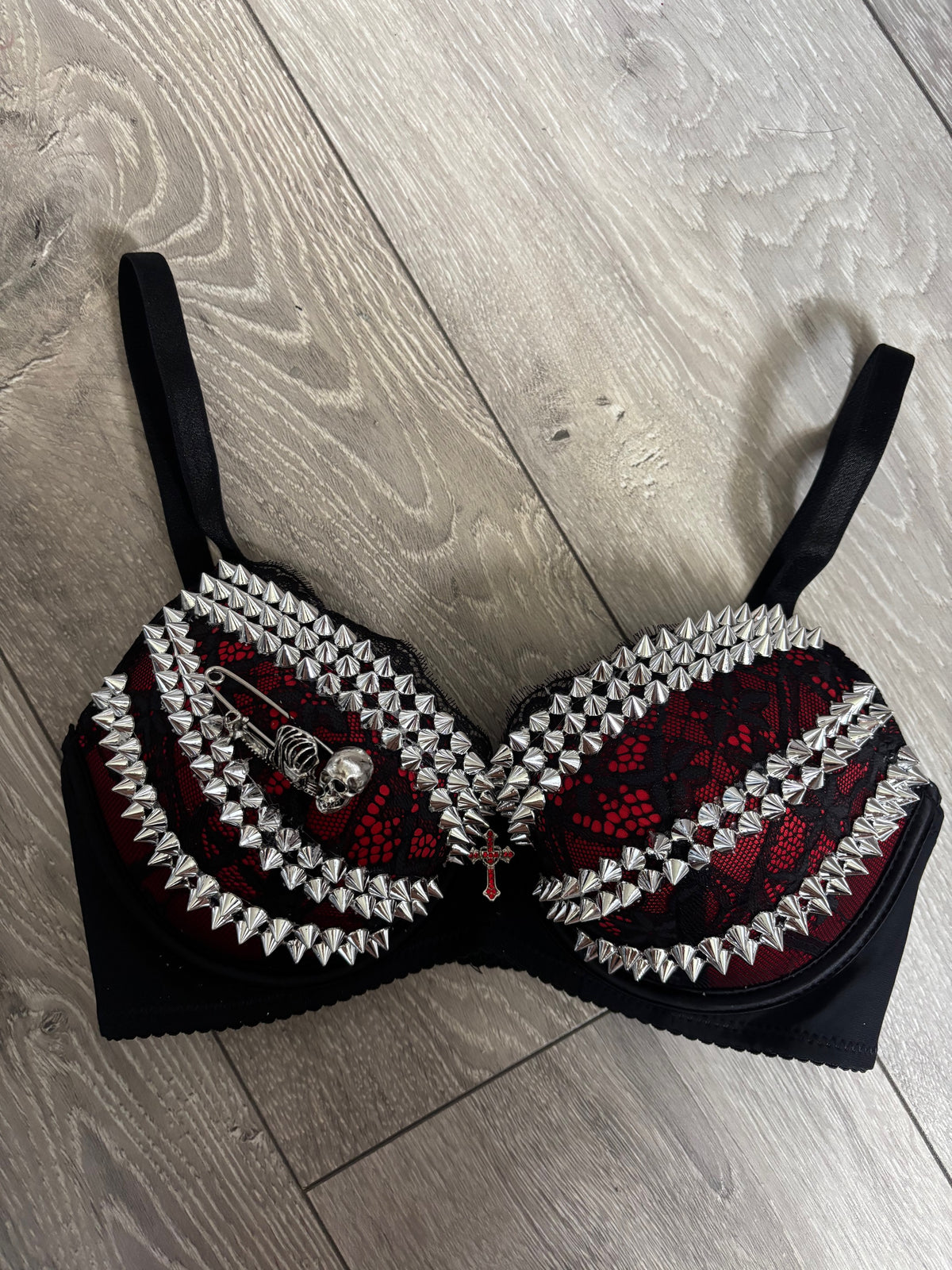 Red Skull Adjustable Pin Spiked push up bra (with cross)