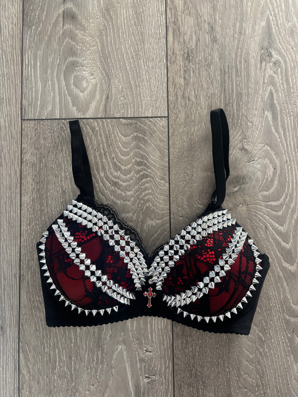 The Red Crossover (with cross) (no stars) Spiked Push Up Bra