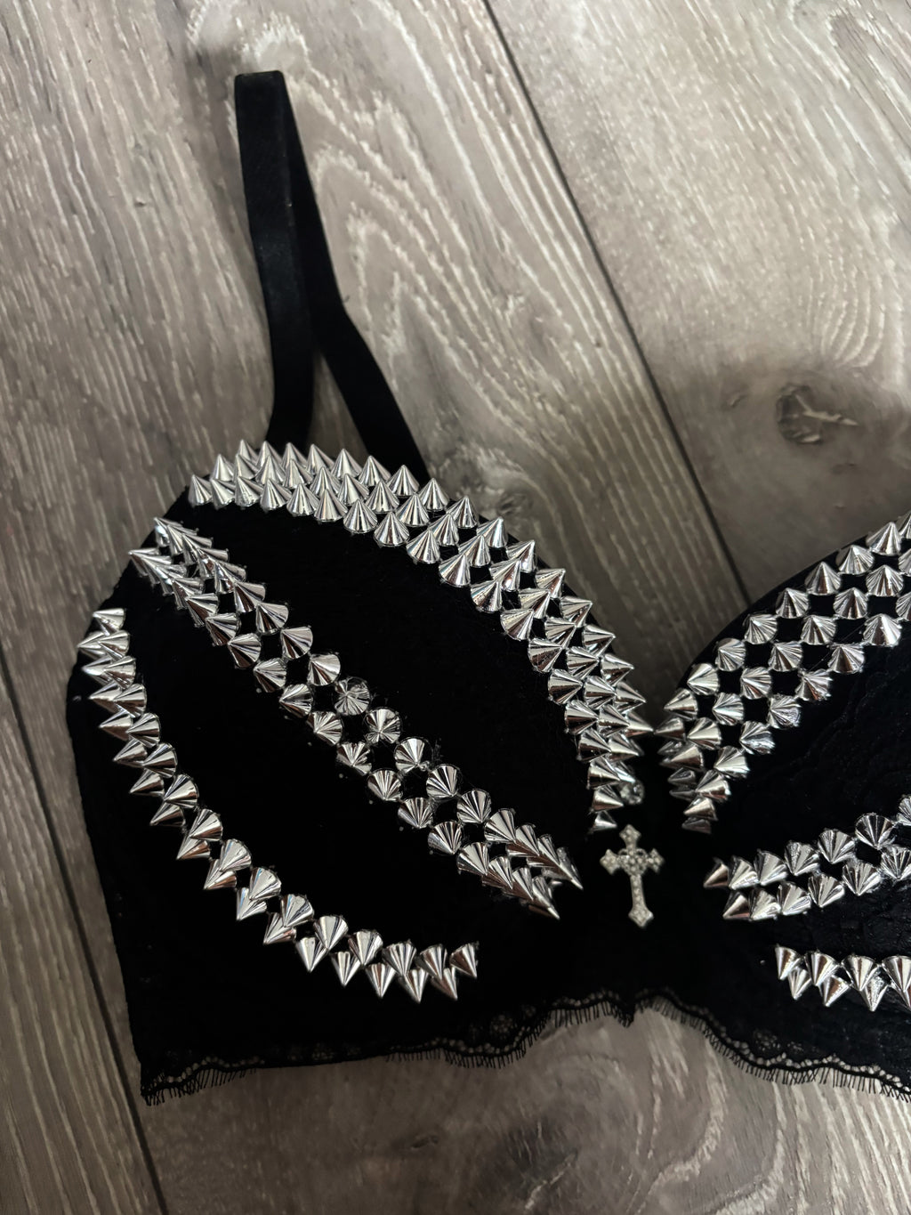 Triple Spiked black Y2K (with cross) push up bra