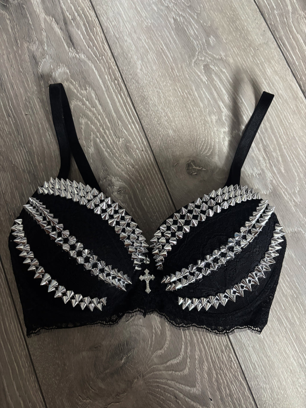 Triple Spiked black Y2K (with cross) push up bra