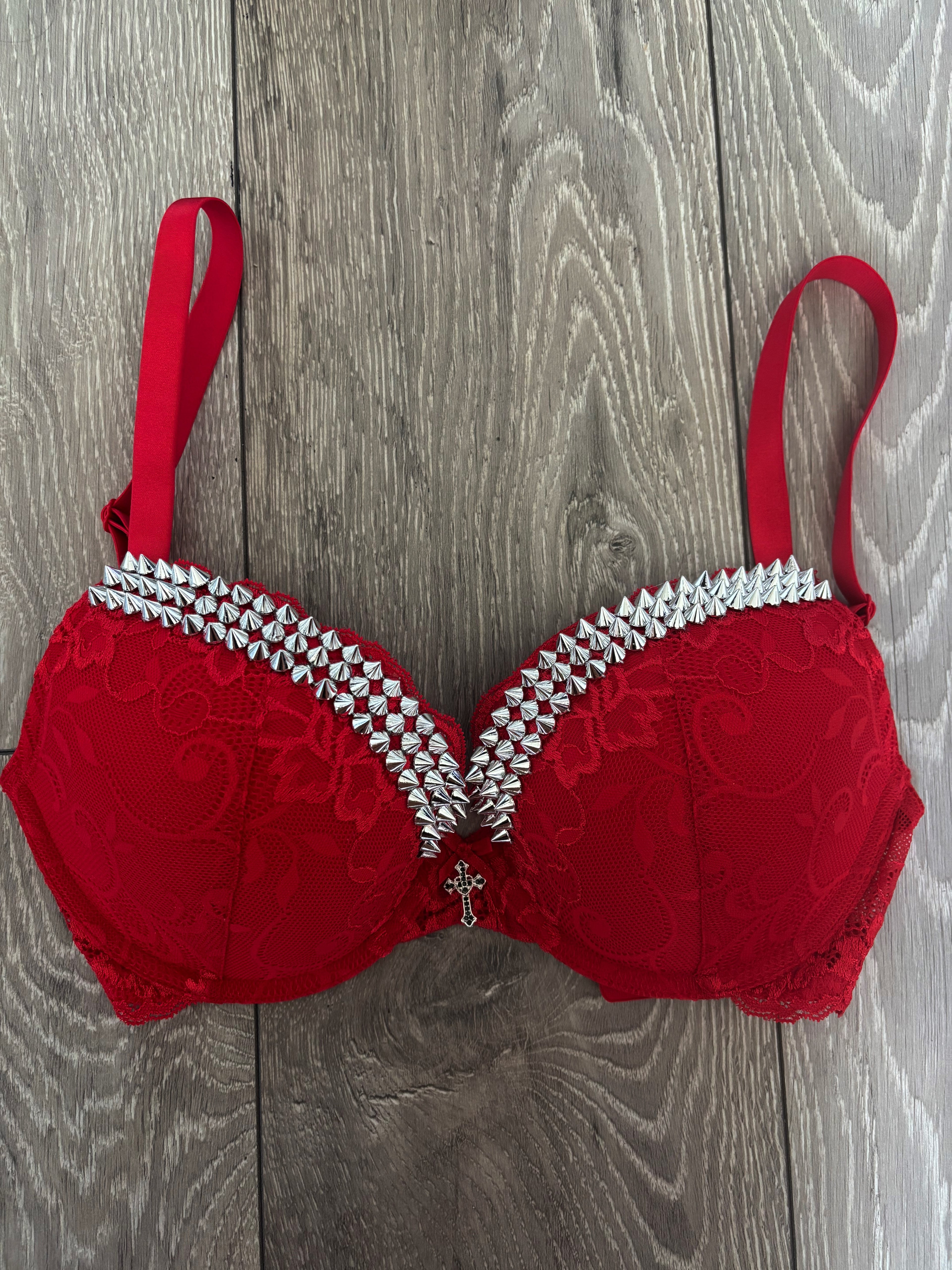 (More Sizes) Red Y2K single strip (with cross) spiked push up bra