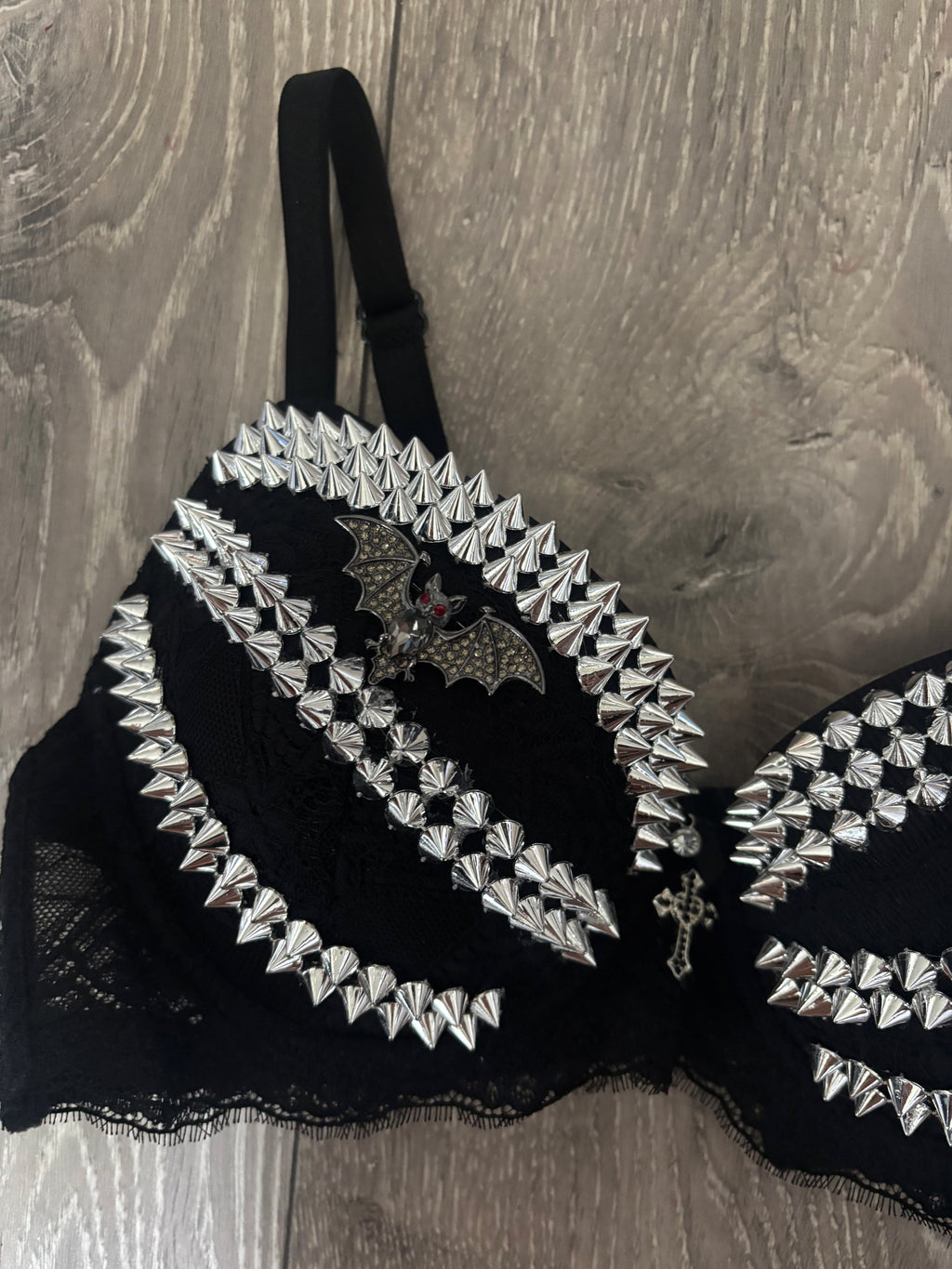 Black Bat Adjustable Pin Spiked (with cross) Push up Bra