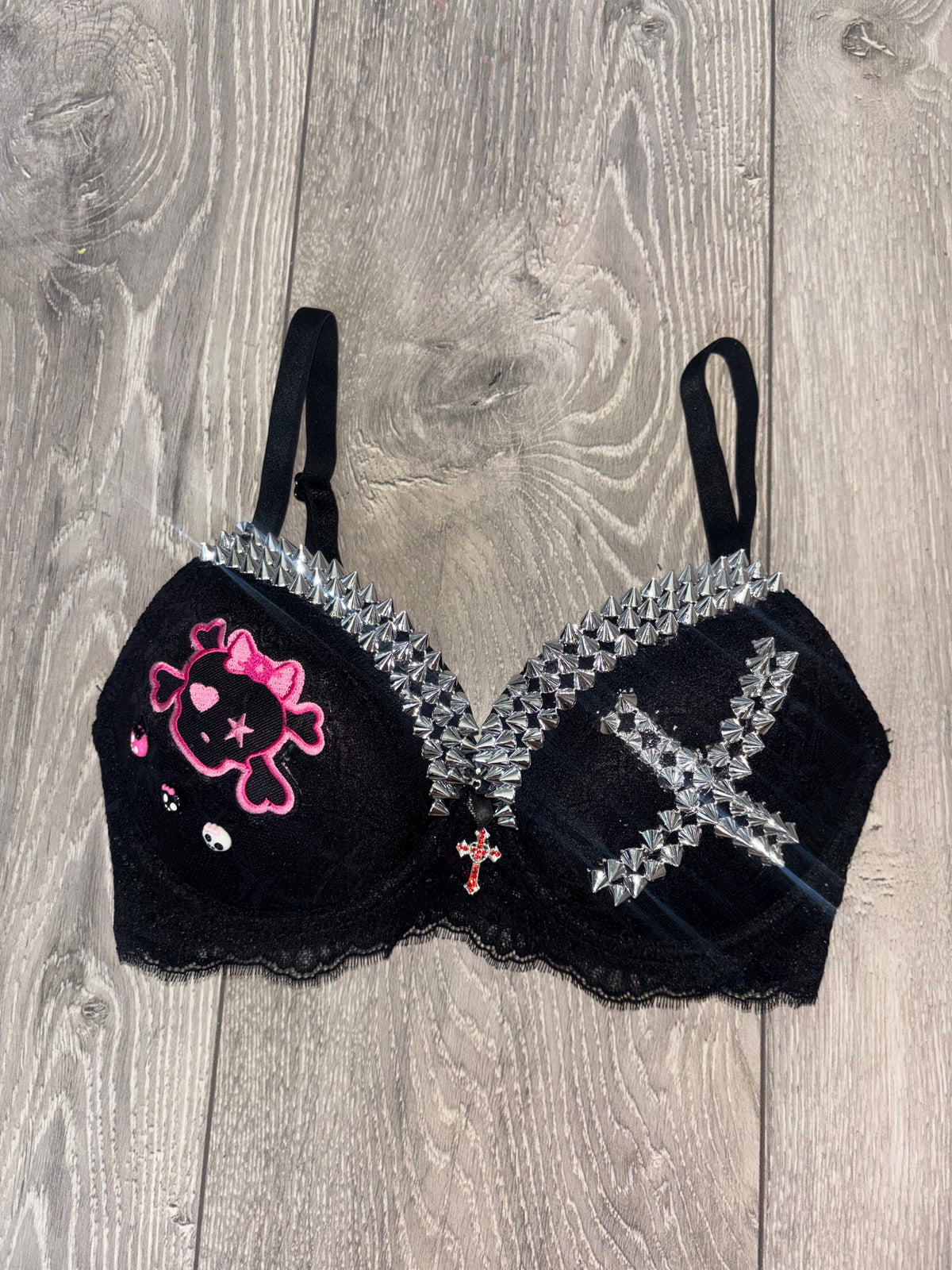 Black Skull Crush Spiked (with cross) push up bra