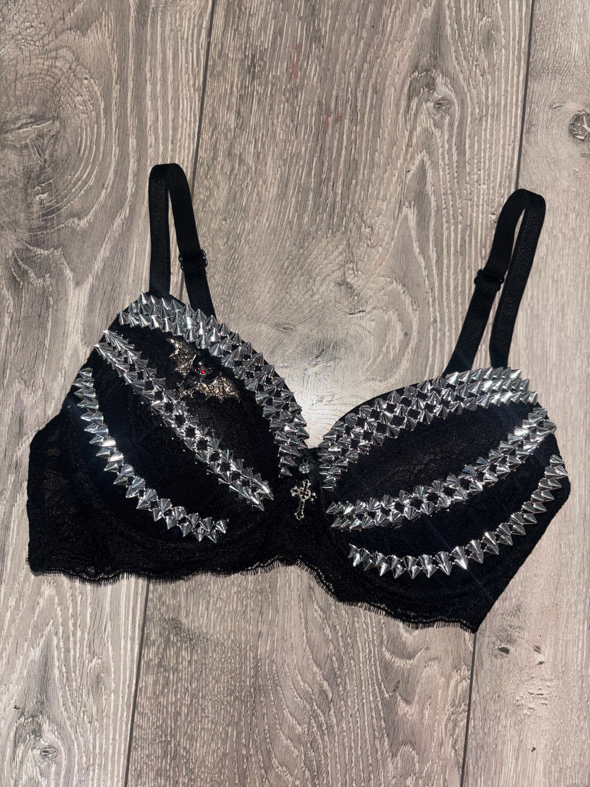 Black Bat Adjustable Pin Spiked (with cross) Push up Bra