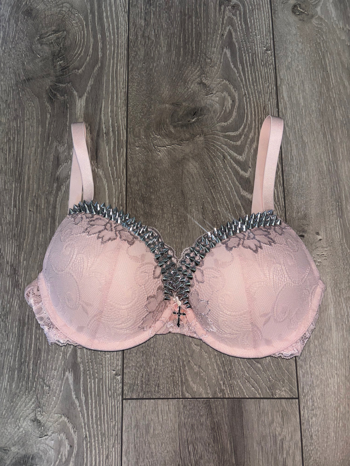 (More sizes) Light Pink Y2K Single Strip Spiked push up bra (with cross)