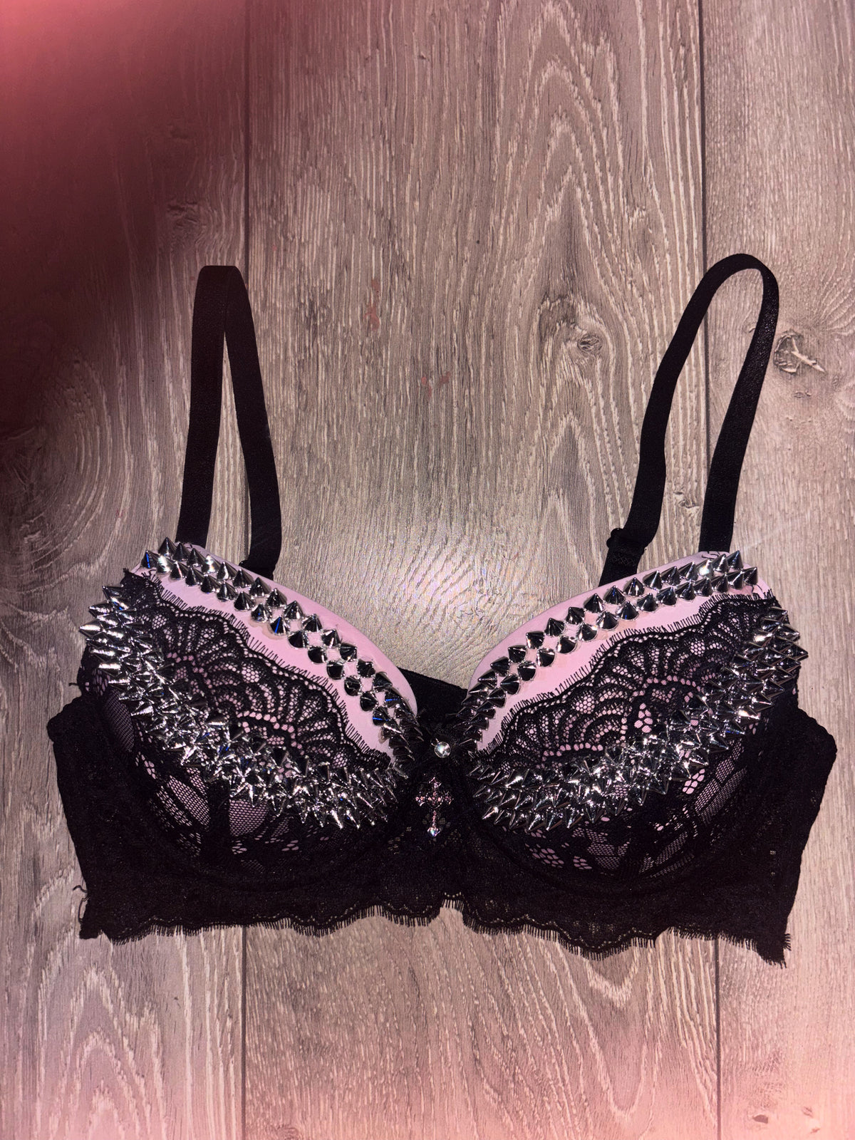 Pink and black Y2K (with cross) Spiked push up bra