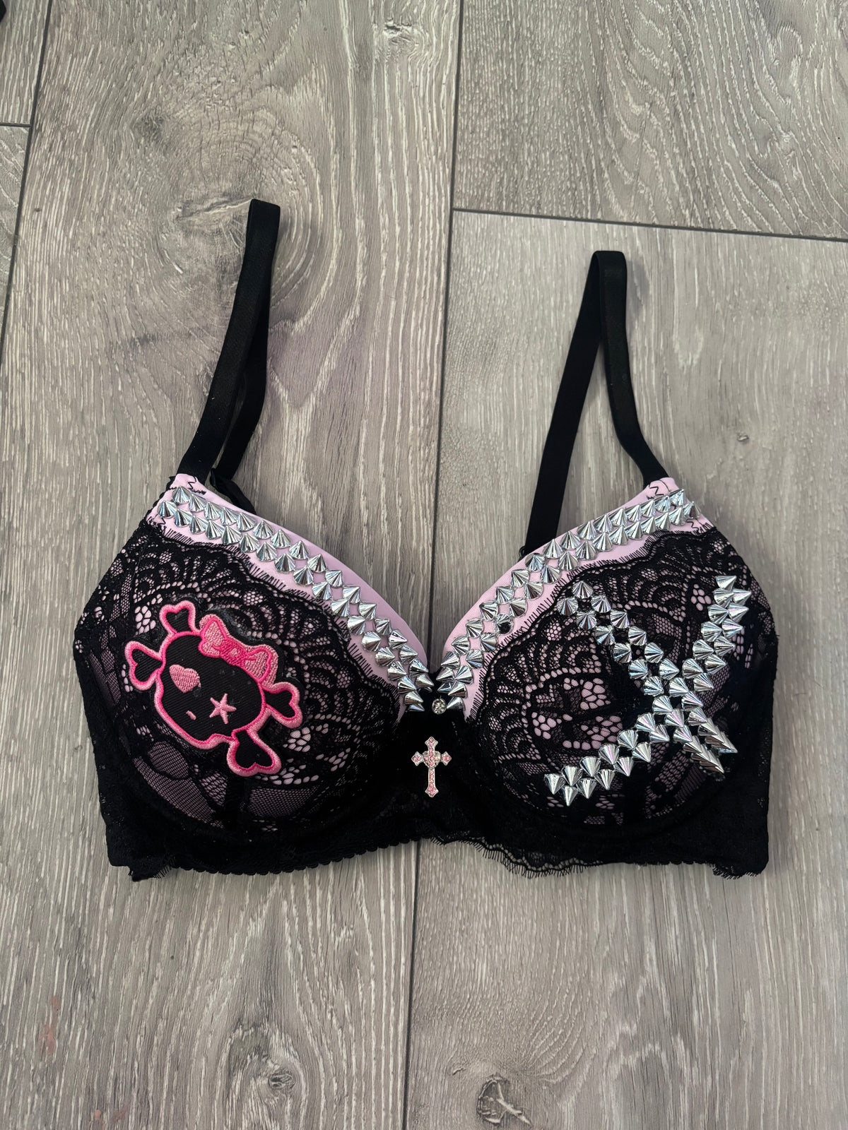Pink Skull Crush Spiked (no mini skulls) (with cross) push up bra
