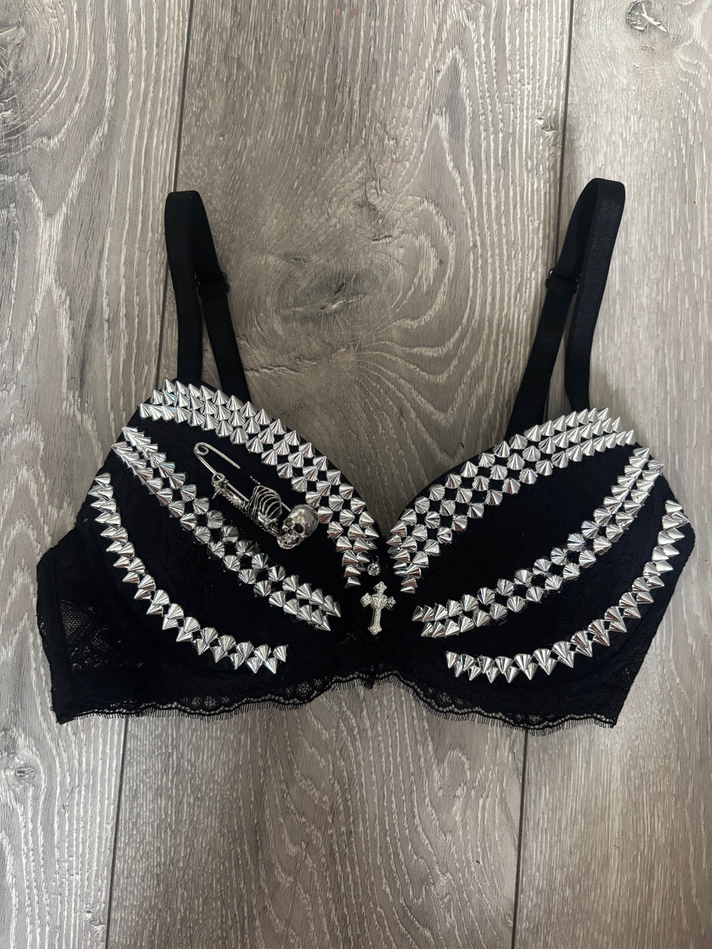 Black Skull Adjustable Pin Spiked push up bra (with cross)