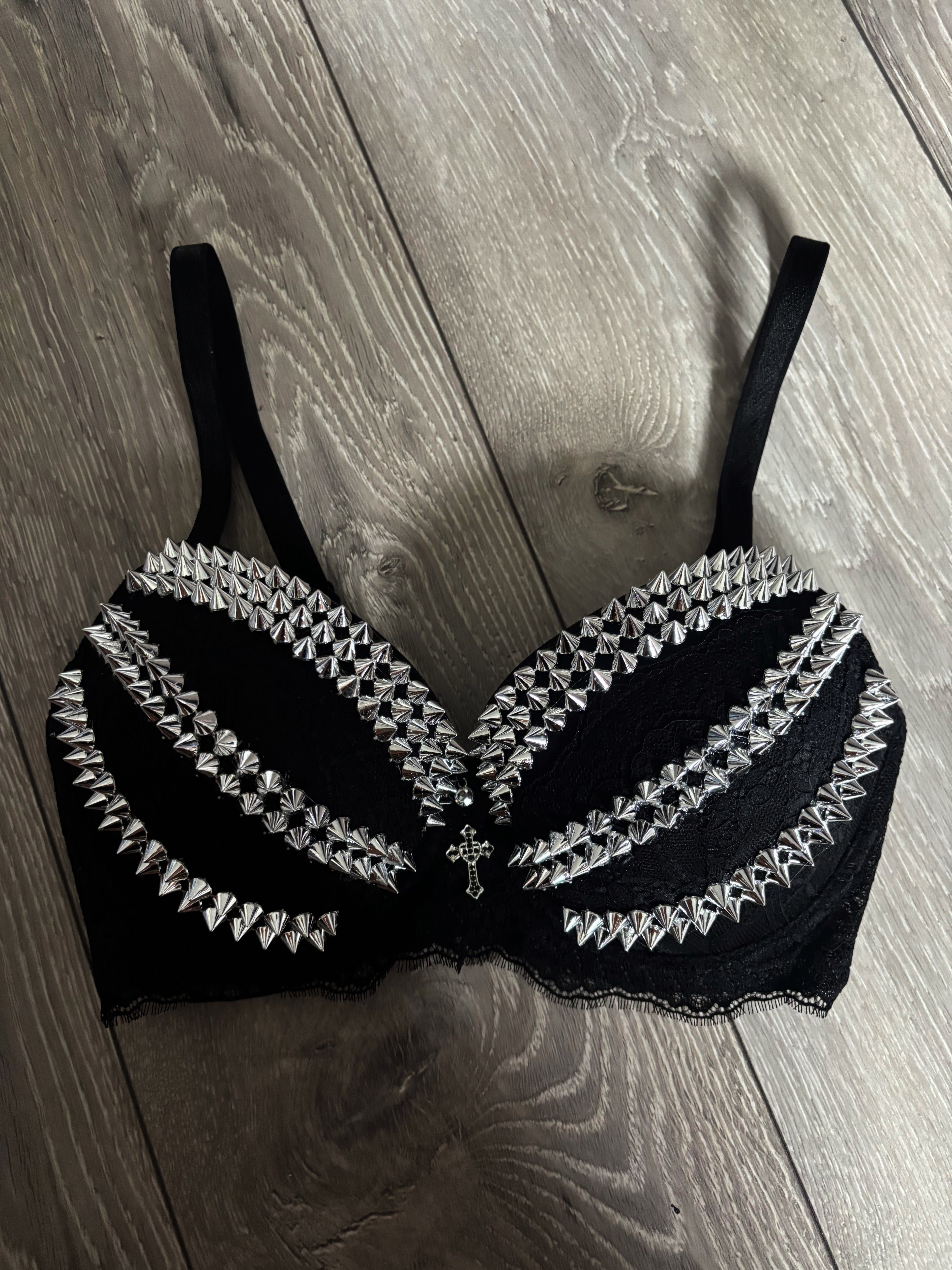 Triple Spiked black Y2K (with cross) push up bra