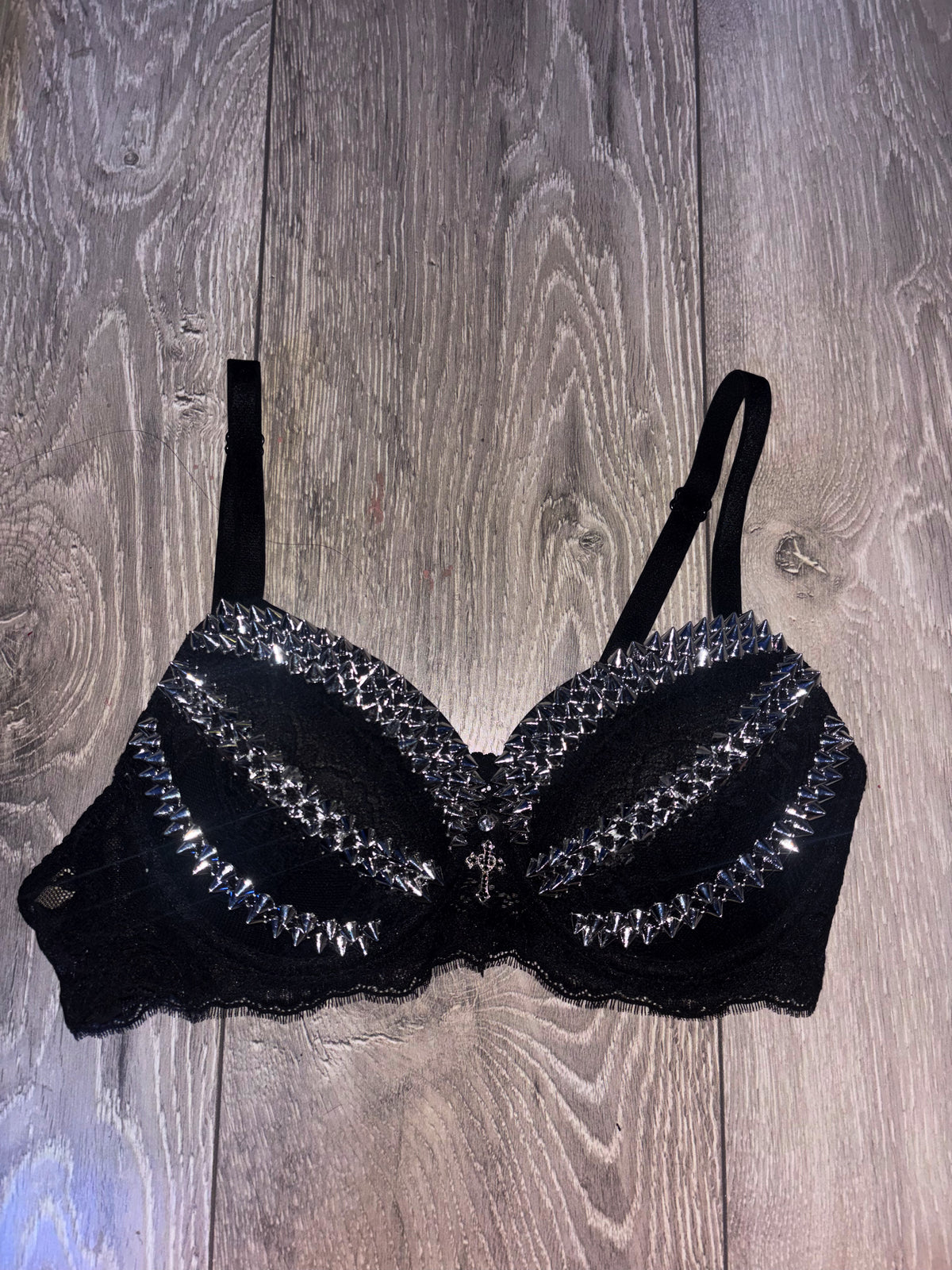 Triple Spiked black Y2K (with cross) push up bra