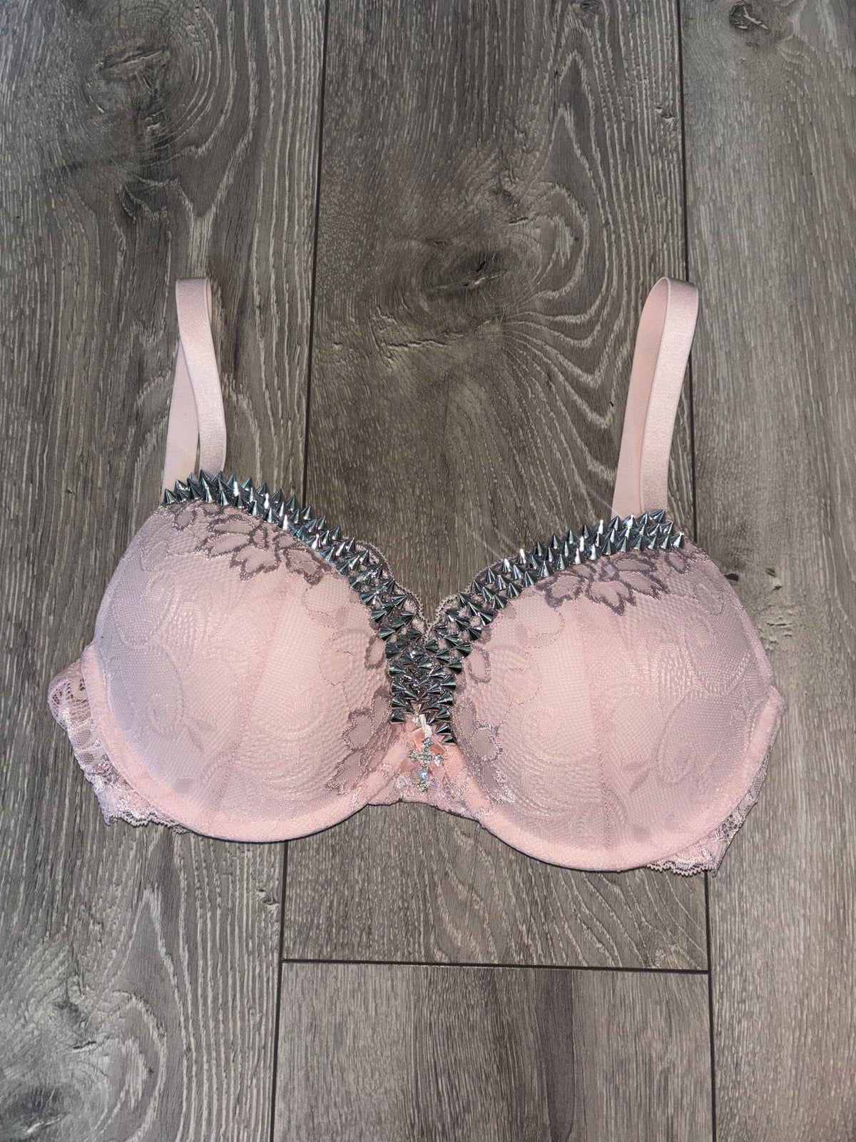 (More sizes) Light Pink Y2K Single Strip Spiked push up bra (with cross)