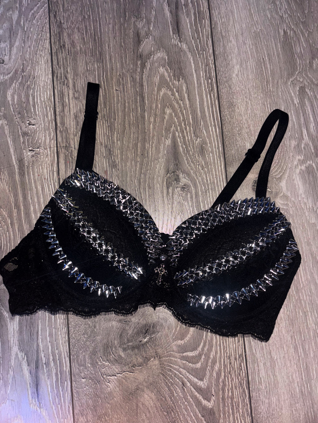 Triple Spiked black Y2K (with cross) push up bra