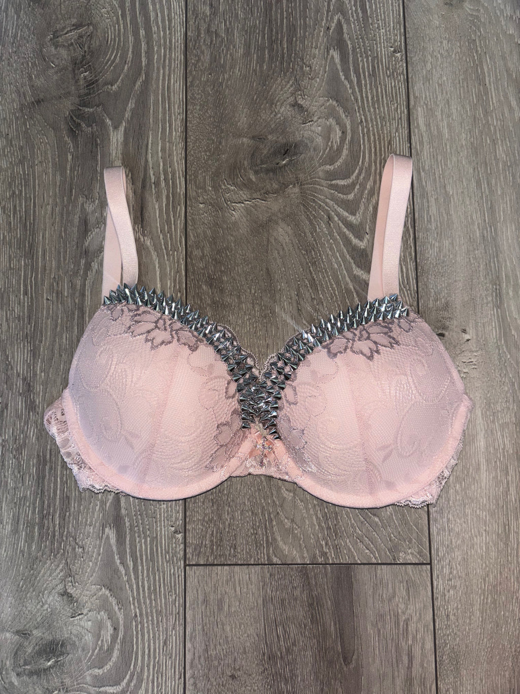 (More sizes) Light Pink Y2K Single Strip Spiked push up bra (with cross)