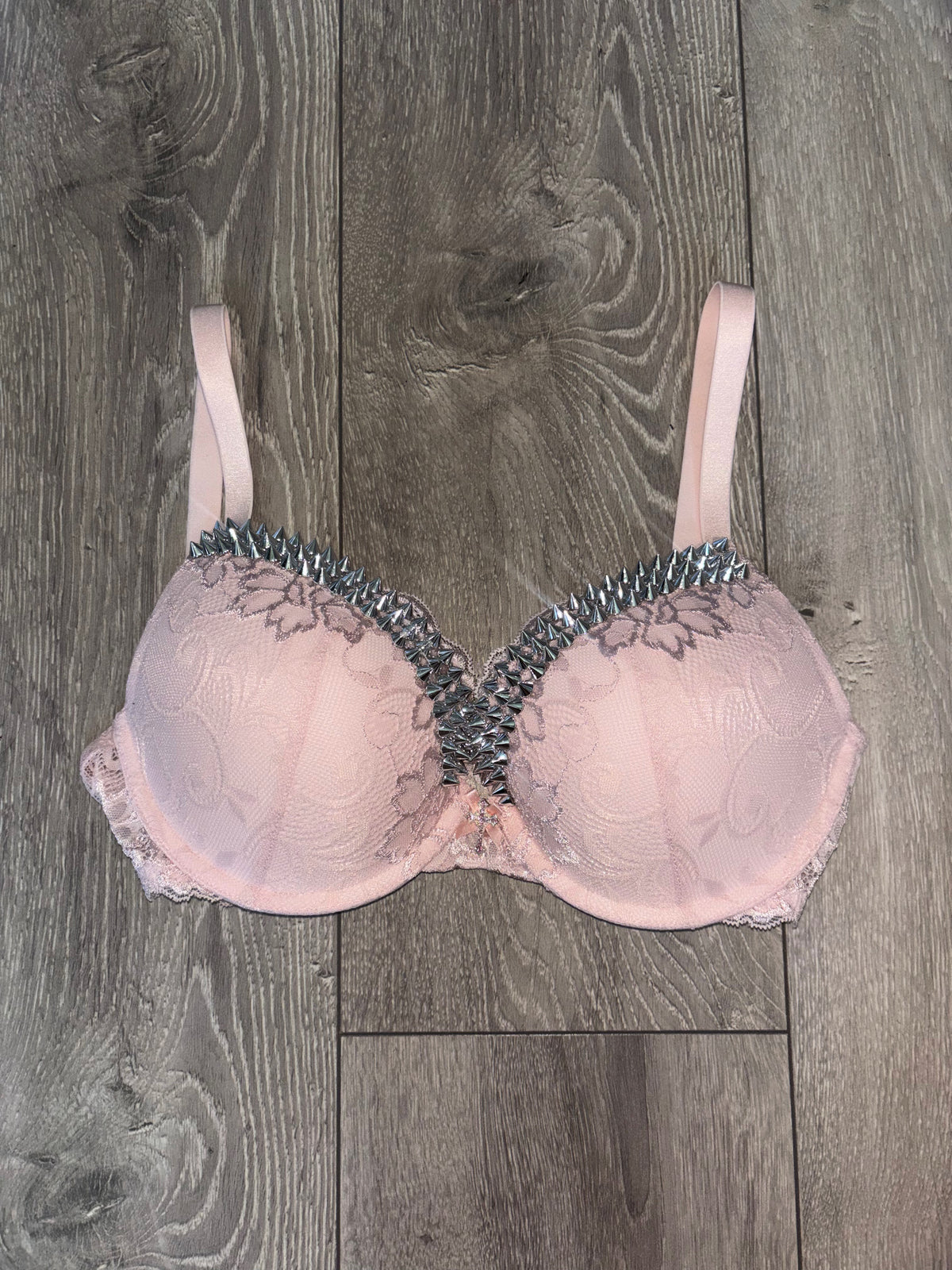 (More sizes) Light Pink Y2K Single Strip Spiked push up bra (with cross)
