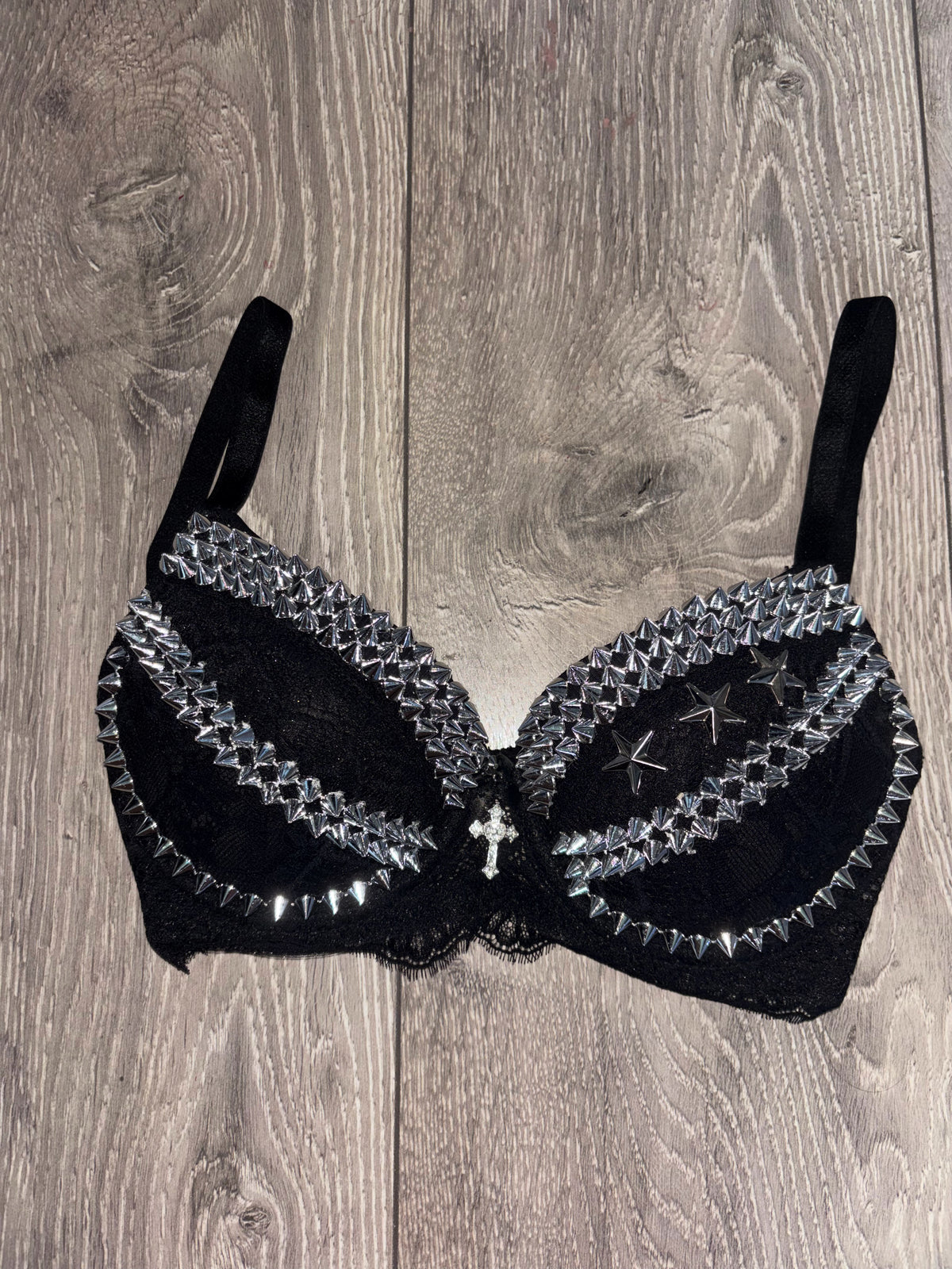 The Black Crossover Spiked (with cross) Push Up Bra