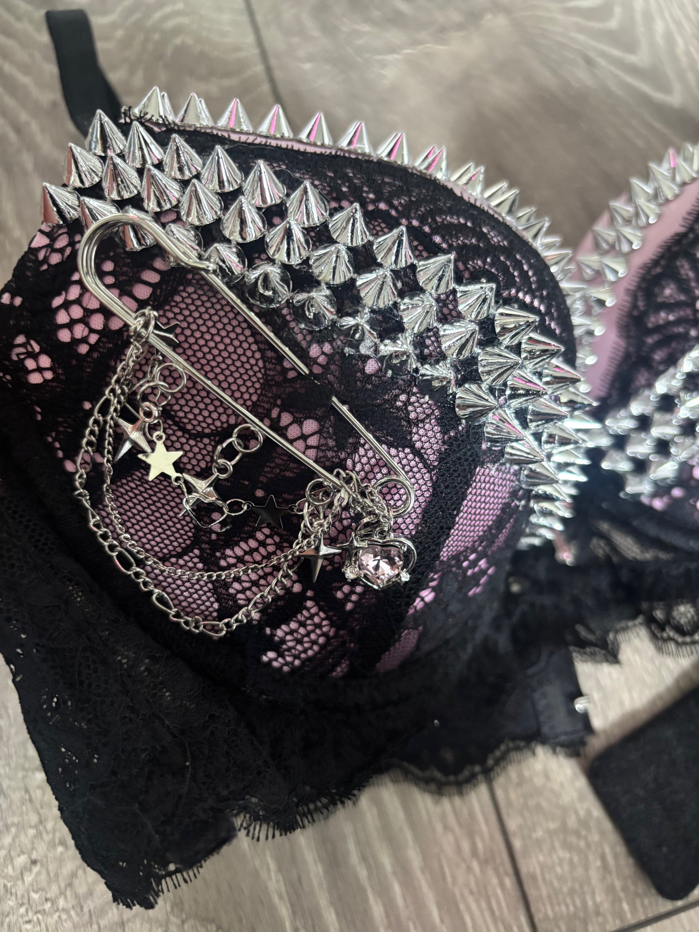 Pink Sacred Heart Spiked Y2K adjustable pin (with cross) push up bra