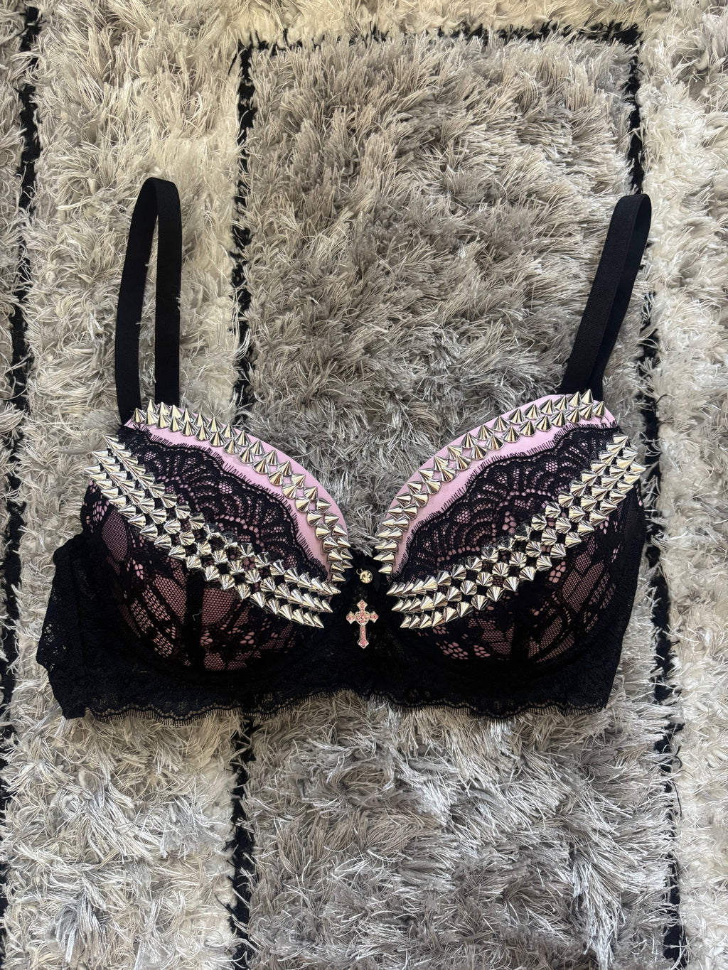 Pink and black Y2K (with cross) Spiked push up bra