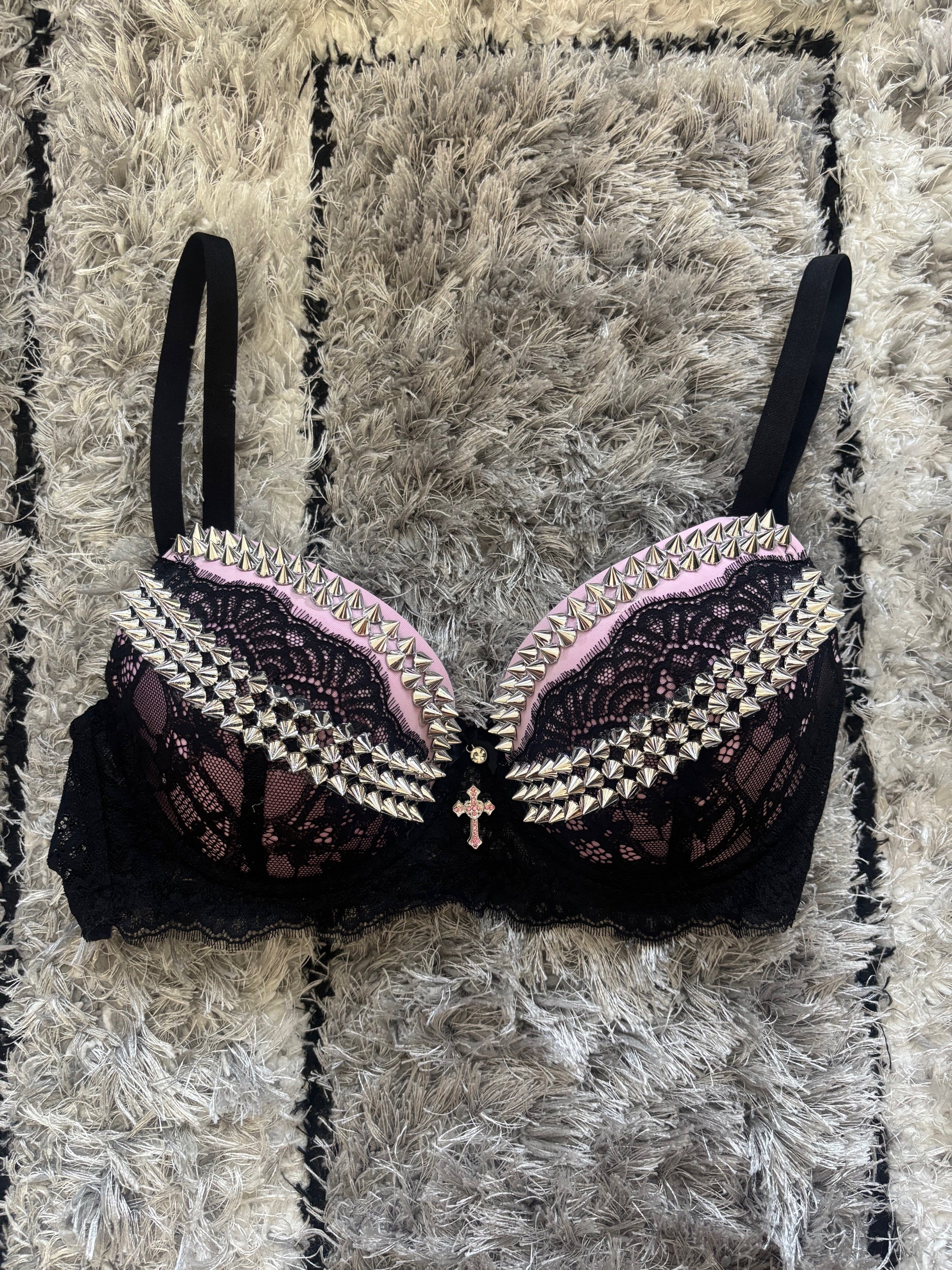 Pink and black Y2K (with cross) Spiked push up bra