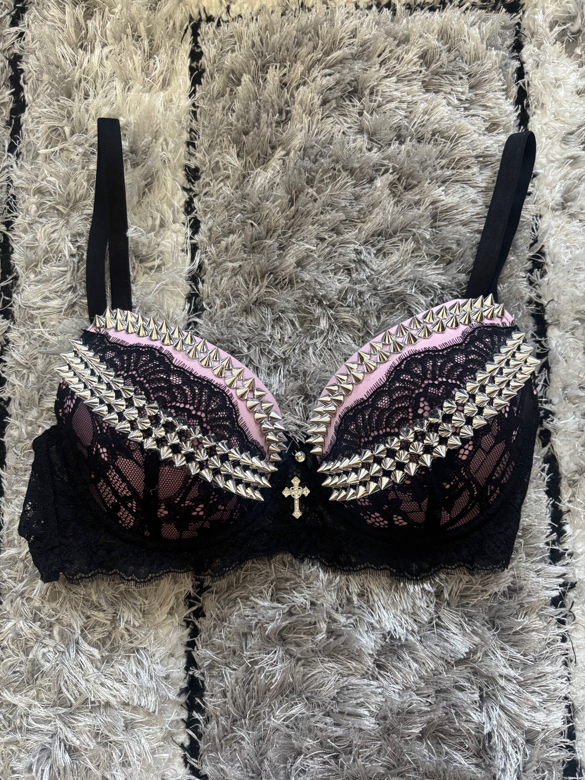 Pink and black Y2K (with cross) Spiked push up bra