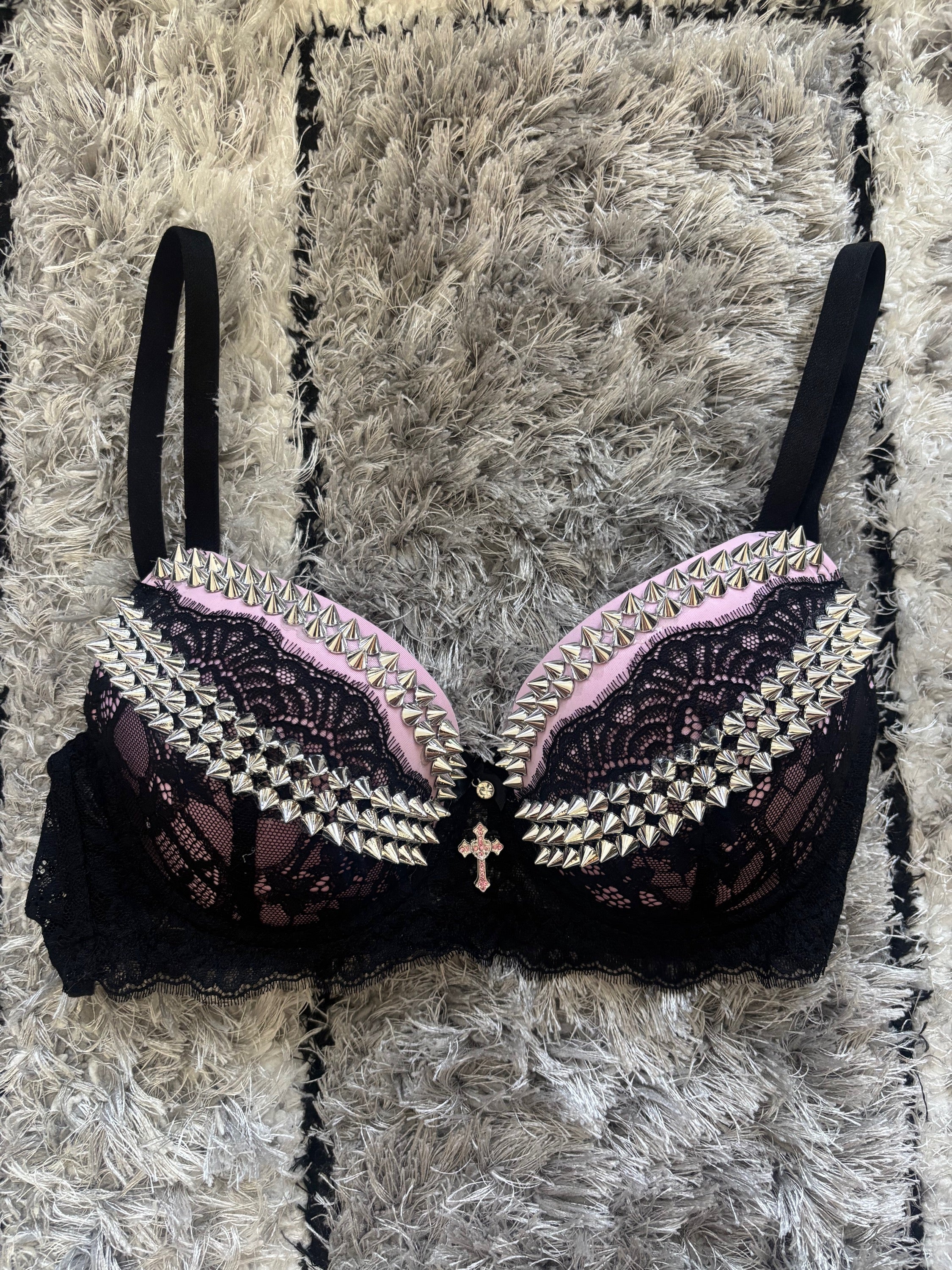 Pink and black Y2K (with cross) Spiked push up bra