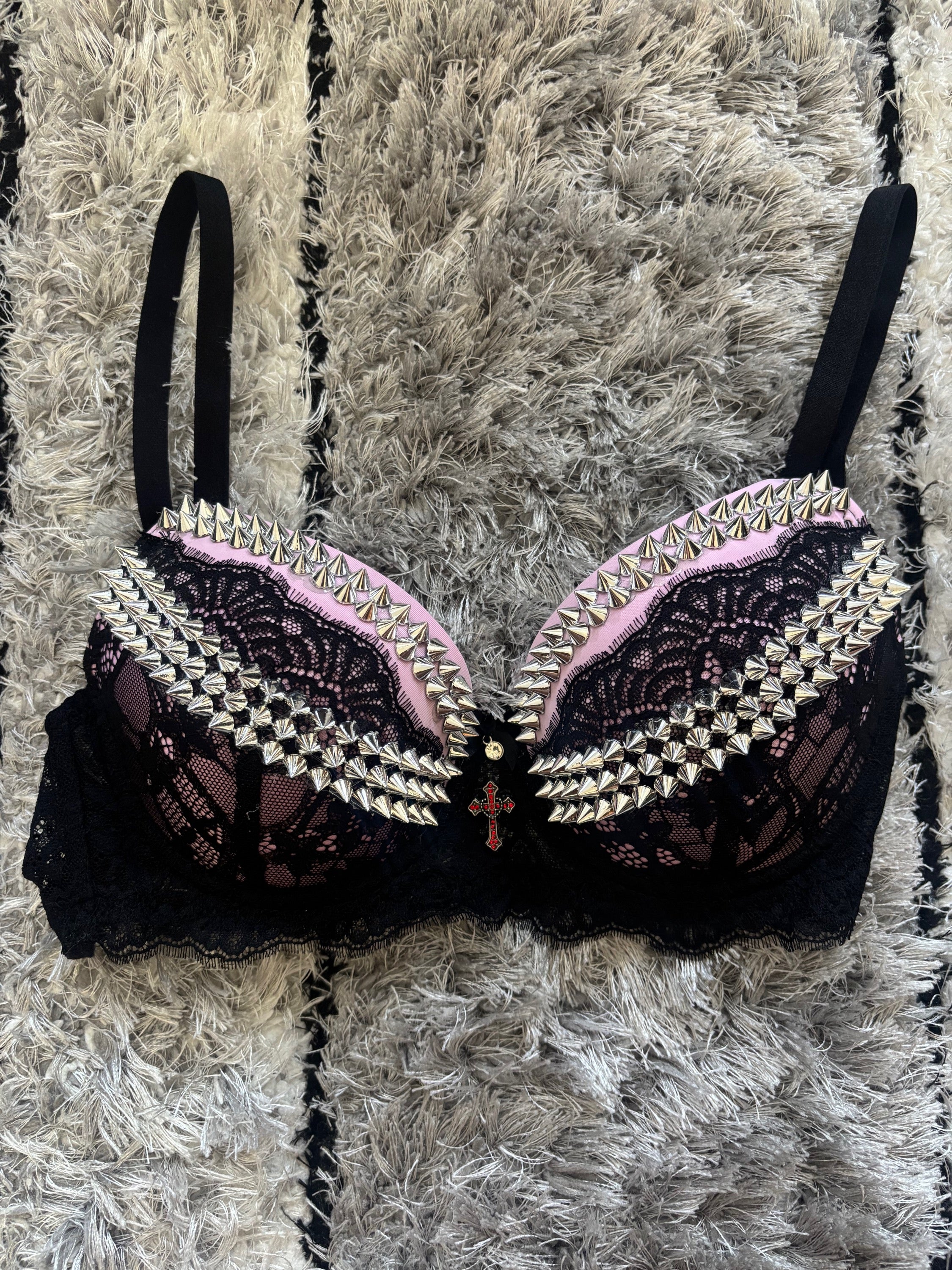 Pink and black Y2K (with cross) Spiked push up bra