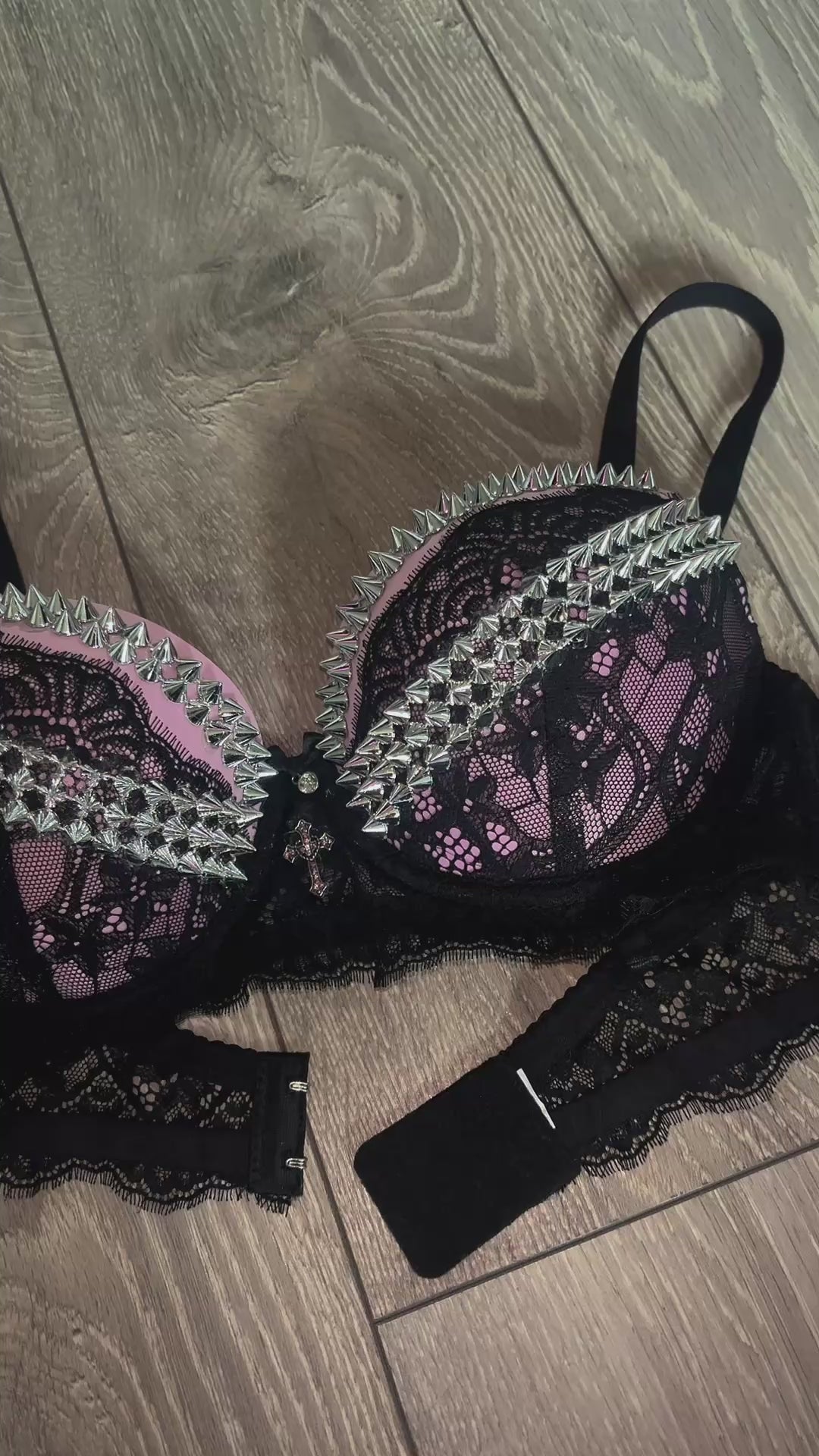 Pink Sacred Heart Spiked Y2K adjustable pin (with cross) push up bra