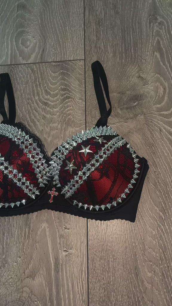 The Red Crossover (with stars) (with cross) Spiked Push Up Bra
